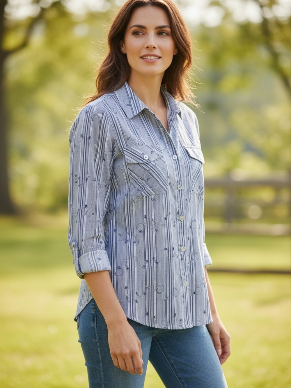 #12 Christopher & Banks Gray Striped Button-Down Shirt with Navy Motif